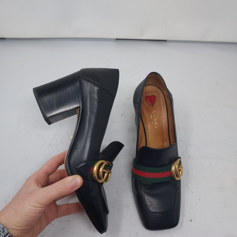 Gucci Black Leather Peyton GG Web Detail Pumps
